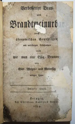 Touchy, Verbesserter Brau- und Brandtweinurbar 1774 BIER BRAUEREI WEIN ÖNOLOGIE