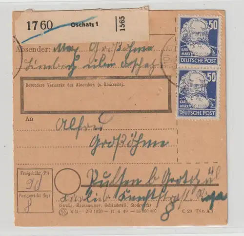 SBZ Köpfe I: MeF 50 Pfg. auf Paketkarte (Michel 100,00)