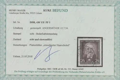 DDR-Plattenfehler: 430 YII (F. Reuter) PF I; gest., Befund Mayer