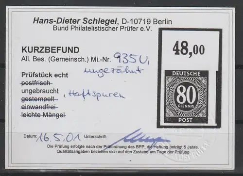 Gemeinschaftsausg. 80 Pfennig Ziffer ungezähnt, **, Befund Schlegel