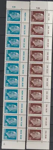 DDR, Ulbricht kompl. in Oberrand-10er Streifen, meist  "DM" 