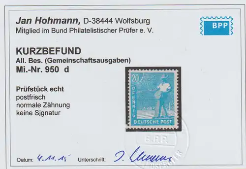 Gem.-ausg. 20 Pfg. AS:in Farbe "d", **, Befund Hohmann