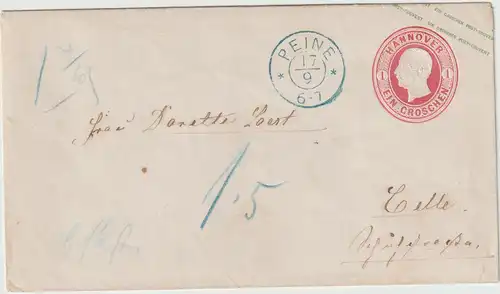 Hannover: Ganzsachenumschlag U11 von Peine nach Celle, geprüft