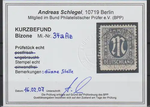 Bizone: 80 Pfennig Freimarke zentrisch gestempelt, Kurzbefund Schlegel