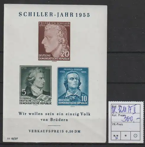 DDR PF/Besonderh.: Schillerblock mit PF II ("Warze"), **, gepr. Mayer