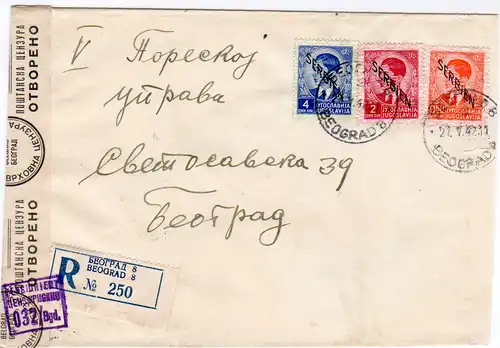 Serbien: Einschreib-Ortsbrief Belgrad; Zensurstreifen