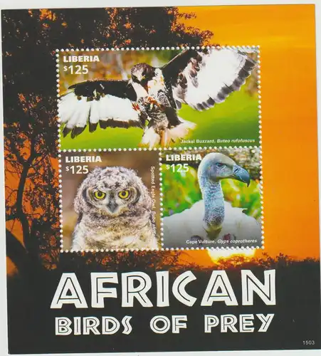 Liberia: Afrikanische Raubvögel  Kleinbogen und Block