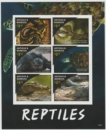 Antigua & B.: Reptilien -  2 Kleinbogen und Block