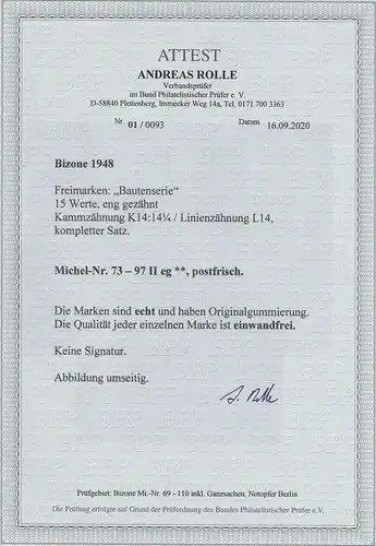 Bizone: Bautenserie enge Zähnung **, Fotoattest ("echt und einwandfrei")