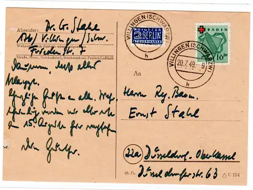 Baden, Fern-Karte mit EF. Mi.-Nr. 42A (10 Pfg. Rotkreuz)