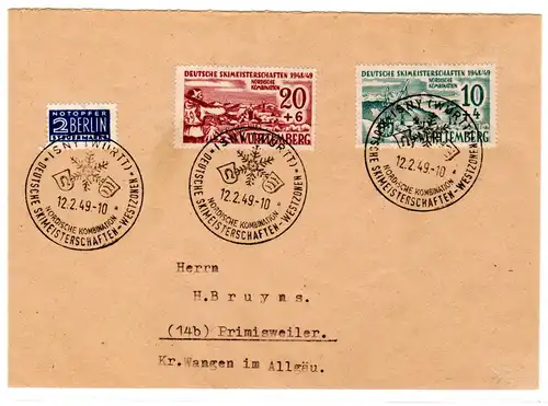 Württemberg, Satzbrief Skimeisterschaften Isny, mit Sonderstempel