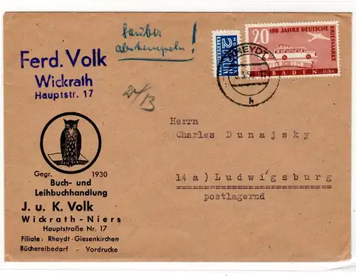 Baden, Fern-Brief mit EF. Mi.-Nr. 55 + Notopfermarke Berlin
