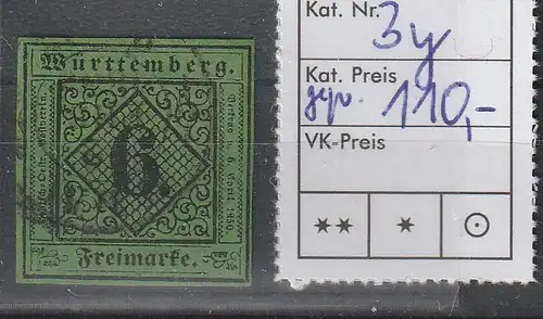 Württemberg Mi.-Nr. 3y, gestempelt, geprüft 