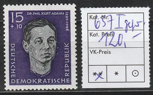 DDR Antifaschist Kurt Adams mit Plattenfehler I, **, geprüft