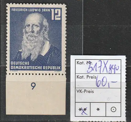 DDR  Ludwig Jahn (1952) mit besserem Wasserzeichen X, **, geprüft Weigelt