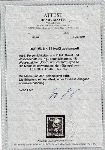 DDR Köpfe II 84 Pfg. in Variante a xI, gest. mit Fotoattest