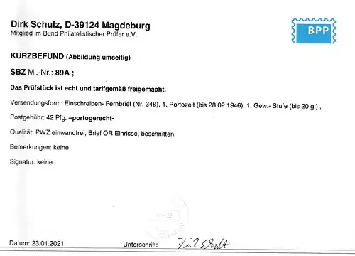 Prov. Sachsen 42 Pfg. Wiederaufbau in Einzelfrankatur, KBf. Schulz BPP