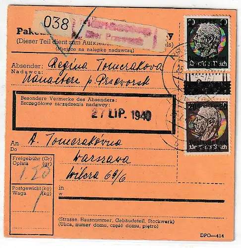 Gen.-Gouv.: Paketkarte mit u.a. 20 Gr. vom Oberrand