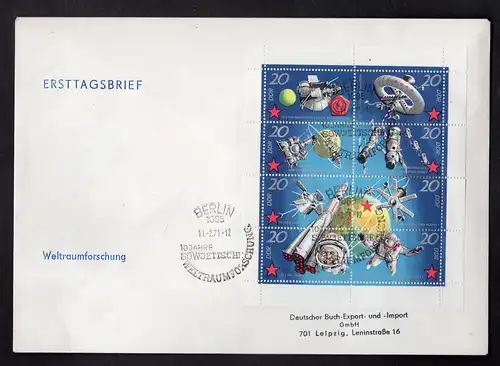 DDR, FDC Kleinbogen 10 Jahre sowj. Weltraumflug