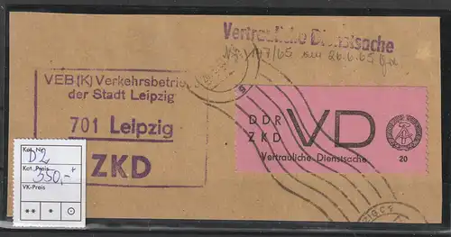 DDR-ZKD Vertrauliche Dienstsache D2 auf grßem Briefstück, geprüft Mayer 