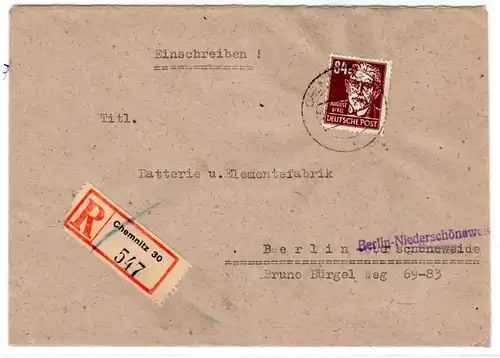 SBZ: R-Fern-Brief mit Köpfe I 84 Pfg. EF in b-Farbe. Geprüft Rehfeld