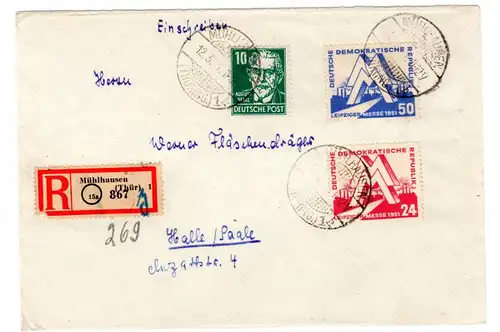 DDR: R- Fernbrief mit Messesatz.1951 (282-283) ua.