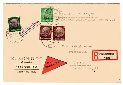 Dt. Besetzung Elsass: R-Nachnahme-Fernbrief mit Mi.-Nr. 13 ua.