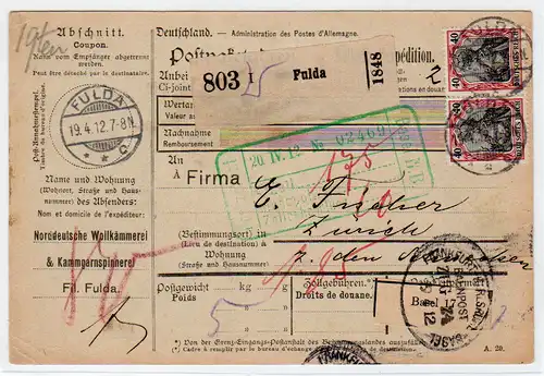 DR: Ausland-Paketkarte mit MeF. Mi.-Nr. 90 I