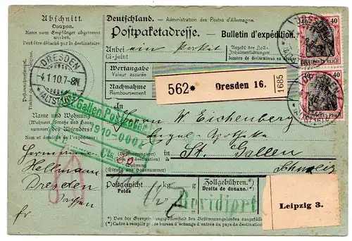 DR: Paketkarte in die Schweiz mit MeF. Mi.-Nr. 90 I