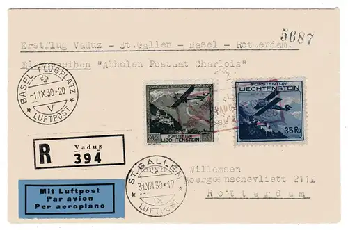 Liechtenstein 111 und 112 auf Erstflug-R-Brief