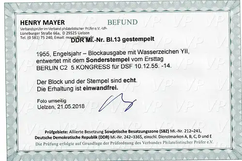 DDR: Engels-Block, Ersttags-Sonderstpl. "5. Kongress...", Befund Mayer