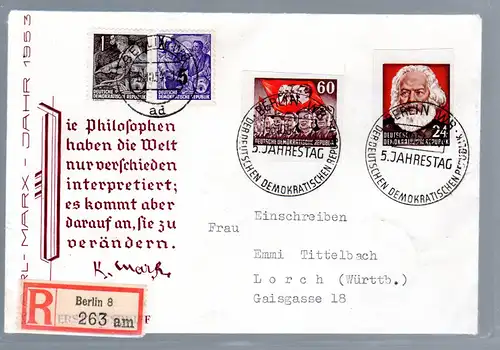 DDR R- Fernbrief mit Marken der Marx-Blocks (geschn.)