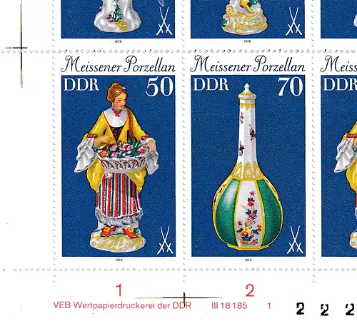 DDR: Meißner Porzellan I in kompletten Zusammendruckbögen, **