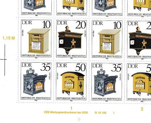DDR: Historische Briefkästen im kompletten Zusammendruckbogen, **