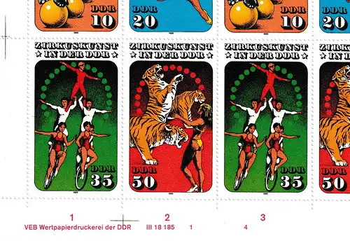 DDR: Zirkuskunst II  im kompletten Zusammendruckbogen, **