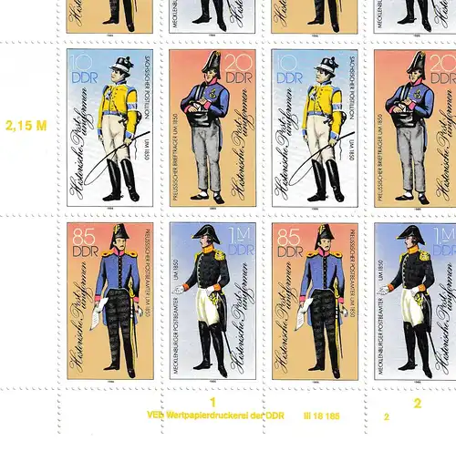 DDR: Postuniformen 1986  im kompletten Zusammendruckbogen, **