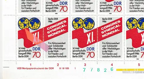 DDR: Weltgewerkschaftskongress 1986 im kompletten Zusammendruckbogen, **
