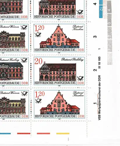 DDR: Postgebäude 1987 im kompletten Zusammendruckbogen, **