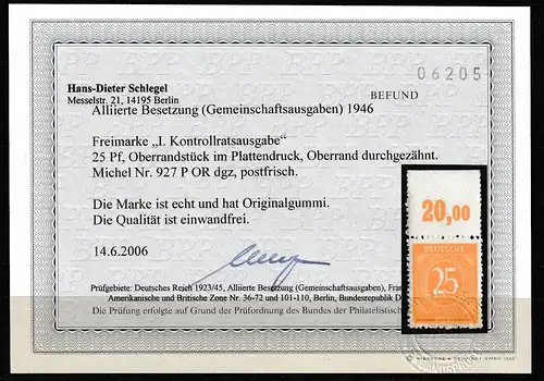 Gem.-ausg. Ziffer 25 Pfg. (gelb) Plattendr., durchgez., **, Befund Schlegel