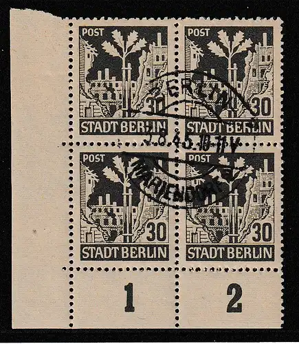 Ersttagsstempel auf 4er-Block mit "Eichel am Stamm"