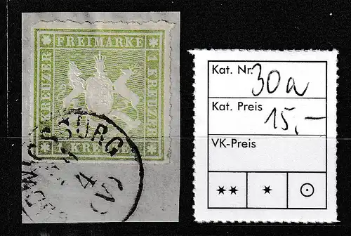 Württemberg Nr.30a, auf Briefstücki Ludwigsburg 