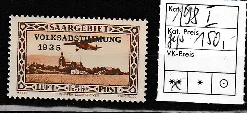 Saargebiet, Mi.-Nr. 198 mit PF "Blitzableiter, **, gepr. Ney BPP