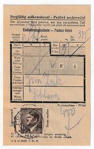 Böhmen&Mähren: 1 K. Hitler - frankierter Einlieferungsschein