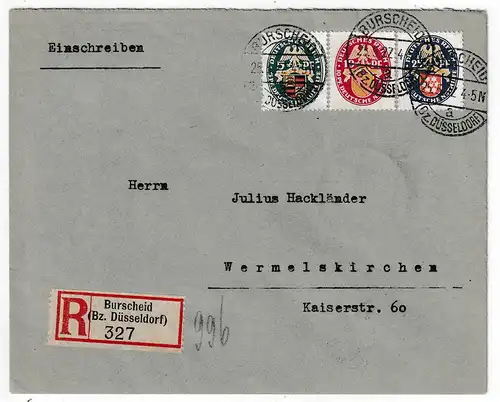 3. Reich: Nothilfe Landeswappen sauber auf Einschreibbrief