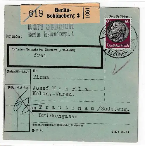 3. Reich: 60 Pfg. Hindenburg als EF auf Paketkarte