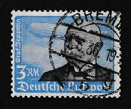 3. Reich: 3 RM Graf Zeppelin mit waager. Gummierung,  gest., gepr. Schlegel 