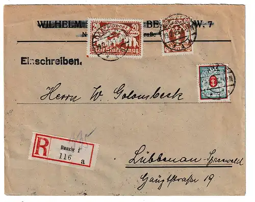 Danzig: Einschreib-Inflabrief nach Lübbenau, portorichtig