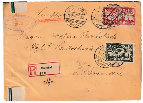 Danzig: Einschreibbrief von Tiegenhof mit Luftpost-Frankatur (Nr. 117 u.a.)