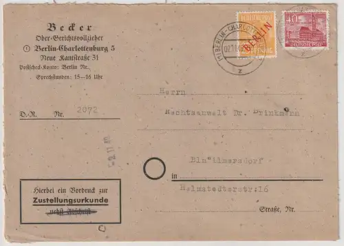 Berlin: 25 Pfg. Rotaufdruck mit ZuF auf Gerichtsbrief mit Zust.-Urk.