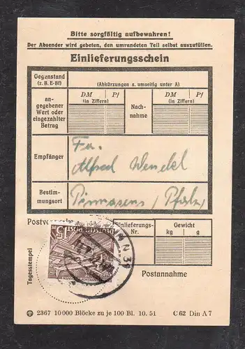 Berliner Bauten: 15 Pfg. EF auf Einlieferungsschein